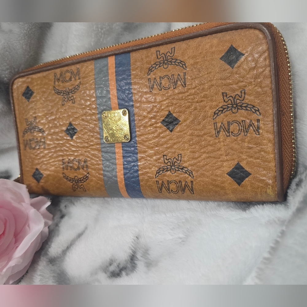 LIMITED ED - MCM VISETOS Leather Wallet with Blue Stripes in Famous Cognac Color